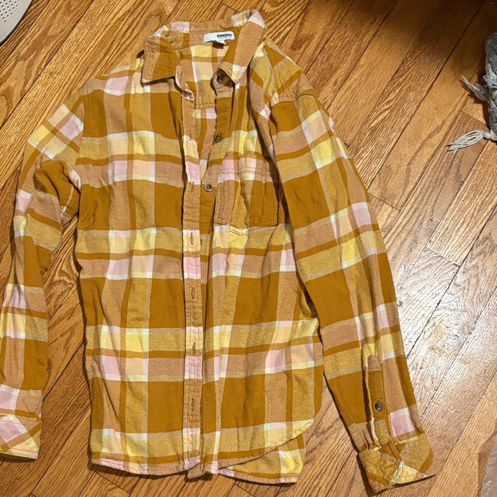 Mustard and Pink Plaid flannel Shirt